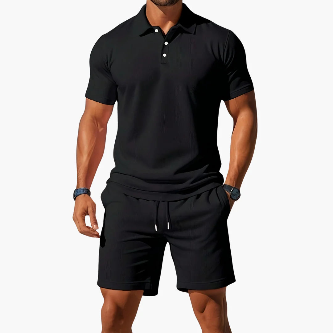 Freddie | Men's Textured Button Front Drawstring Short Sleeve Two Piece Set