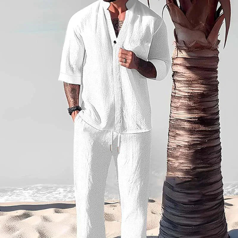 Gareth | Men's Textured Drawstring Button Front Two Piece Set