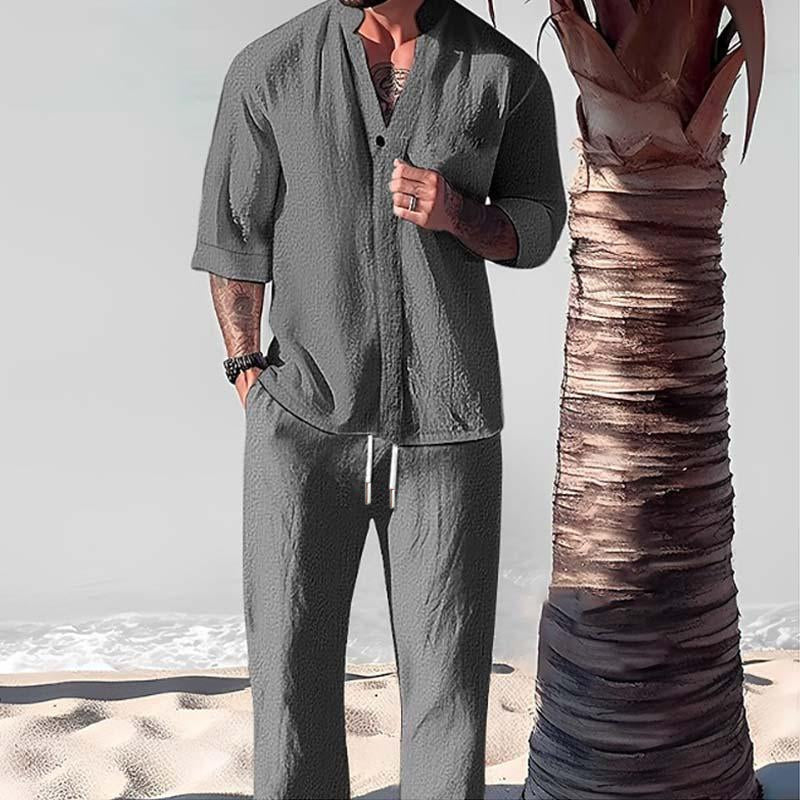 Gareth | Men's Textured Drawstring Button Front Two Piece Set