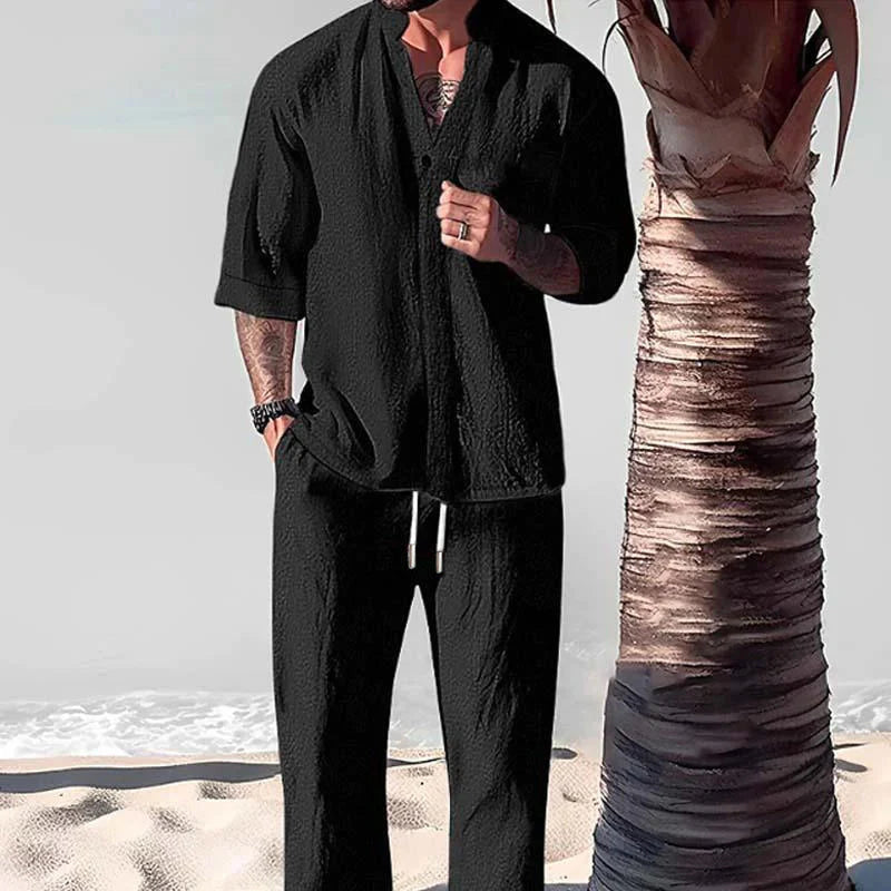 Gareth | Men's Textured Drawstring Button Front Two Piece Set