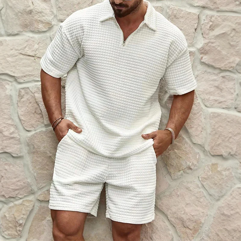 Garrison | Men's Short Sleeve Polo Half Zip Textured Two Piece Set