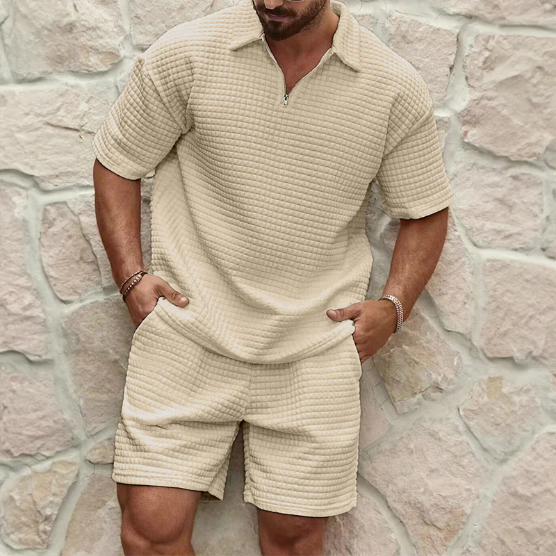 Garrison | Men's Short Sleeve Polo Half Zip Textured Two Piece Set