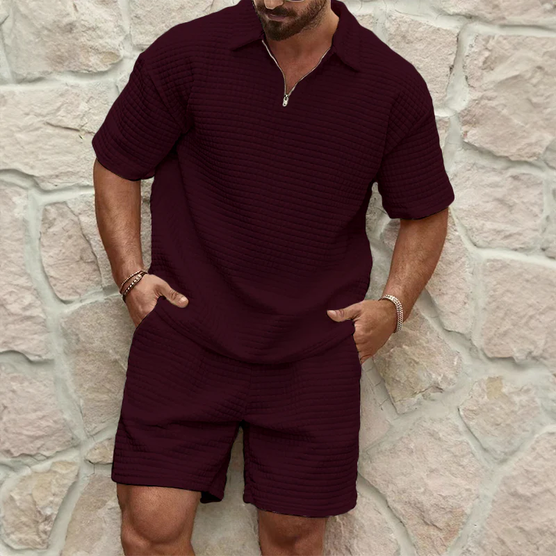 Garrison | Men's Short Sleeve Polo Half Zip Textured Two Piece Set