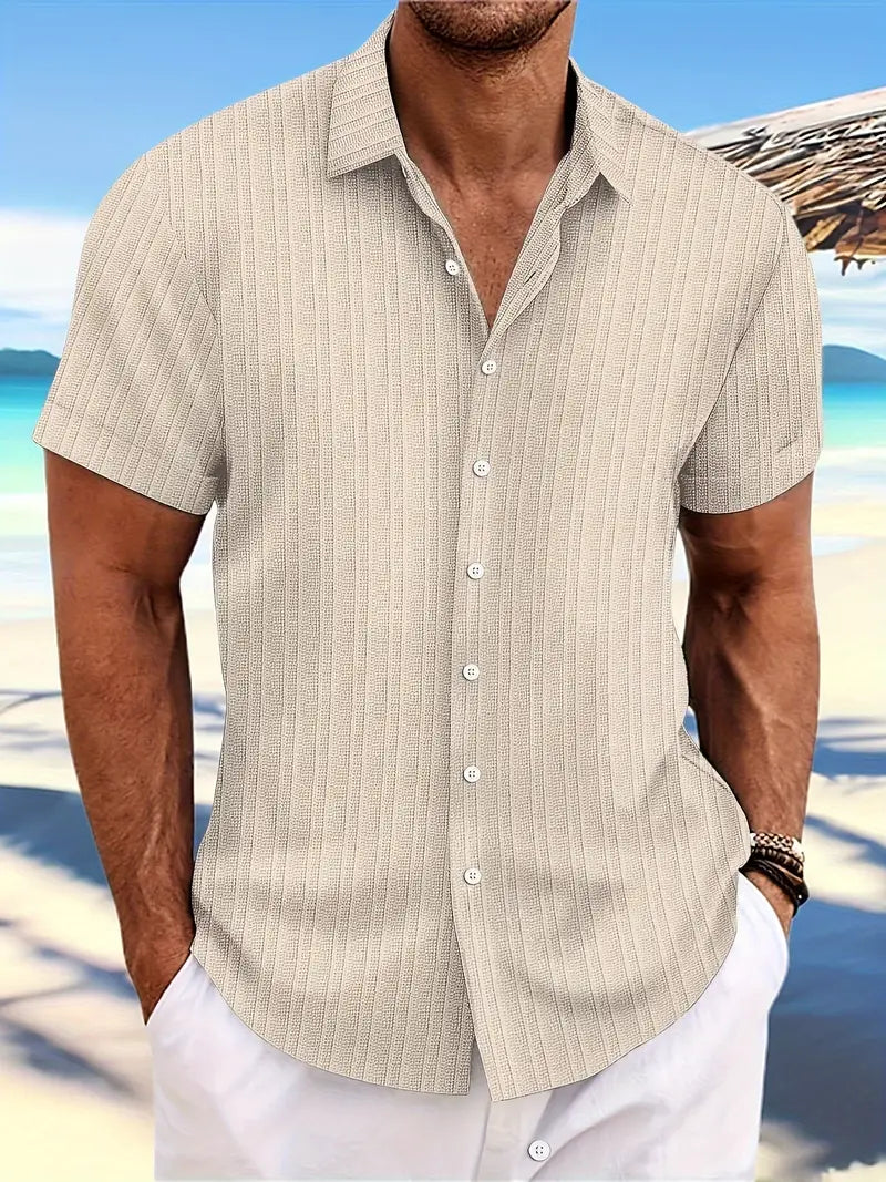 Gatsby | Men's Vertical Ribbed Button Front Short Sleeve Dress Shirt