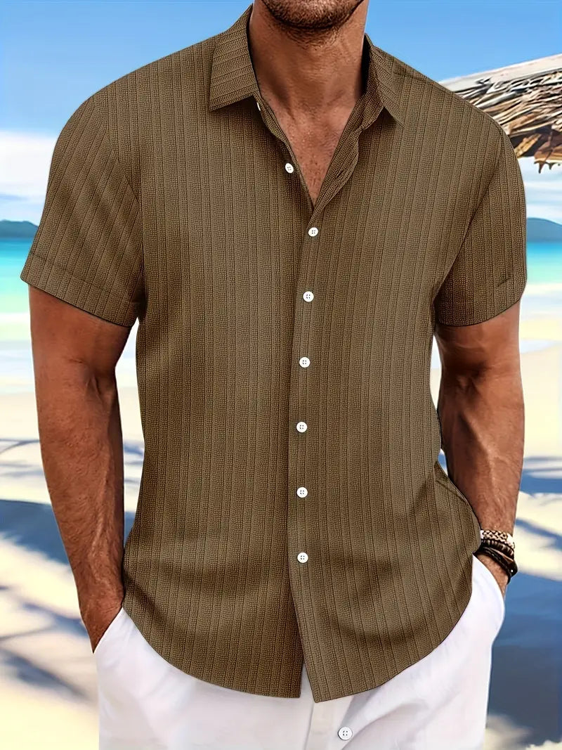 Gatsby | Men's Vertical Ribbed Button Front Short Sleeve Dress Shirt