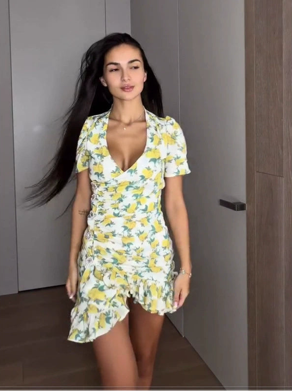 Genevieve | Women’s Floral Print Asymmetric V Neck Mini Dress