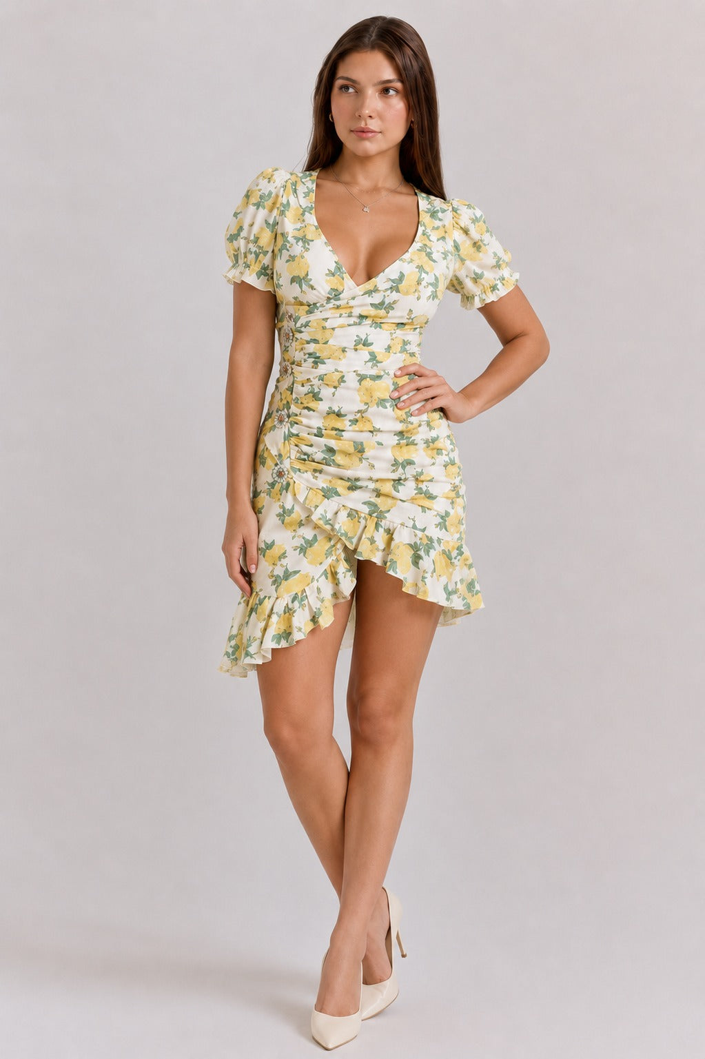 Genevieve | Women’s Floral Print Asymmetric V Neck Mini Dress