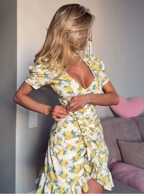 Genevieve | Women’s Floral Print Asymmetric V Neck Mini Dress