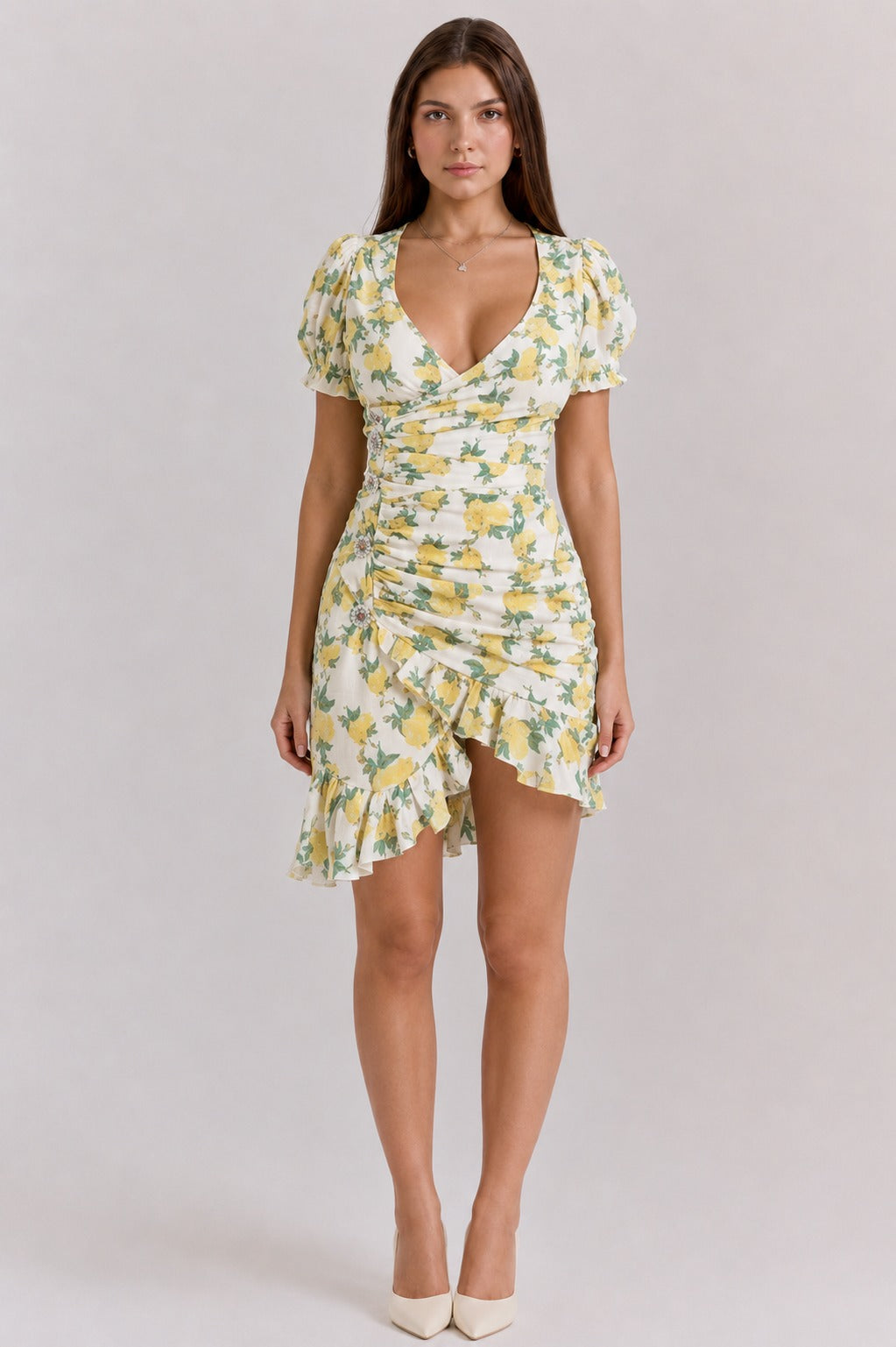 Genevieve | Women’s Floral Print Asymmetric V Neck Mini Dress