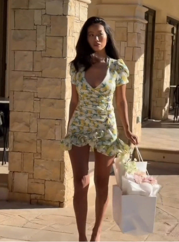 Genevieve | Women’s Floral Print Asymmetric V Neck Mini Dress