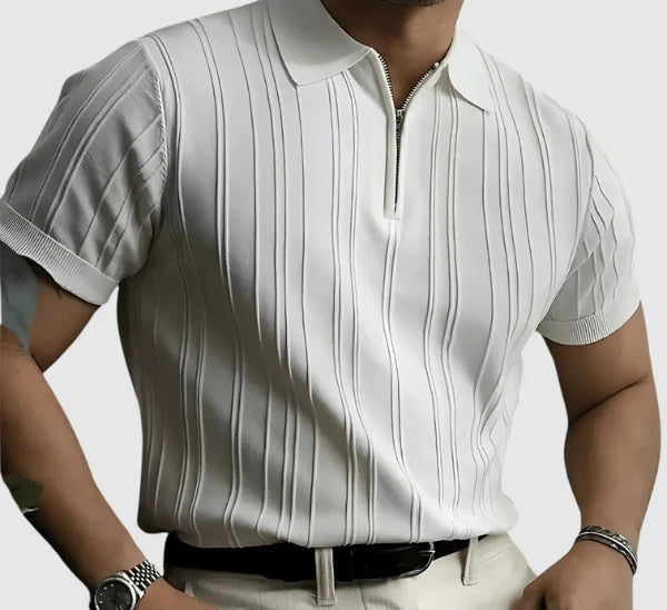 Gerardo | Men’s Collared Striped Zip Front Short Sleeve Polo Shirt