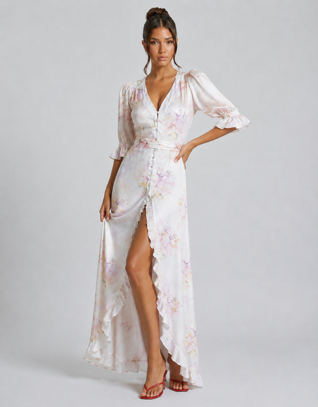 Hadley | Women’s High Slit Bishop Sleeve V Neck Maxi Dress