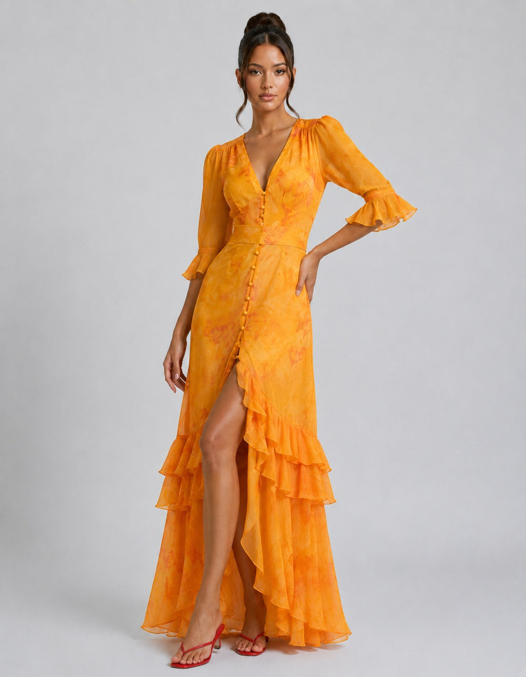 Gladys | Women’s V Neck High Slit Tiered Ruffled Maxi Dress