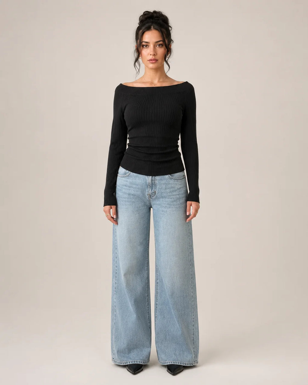Greer | Women's Long Sleeve Off-Shoulder Ribbed Black Top