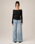 Greer | Women's Long Sleeve Off-Shoulder Ribbed Black Top