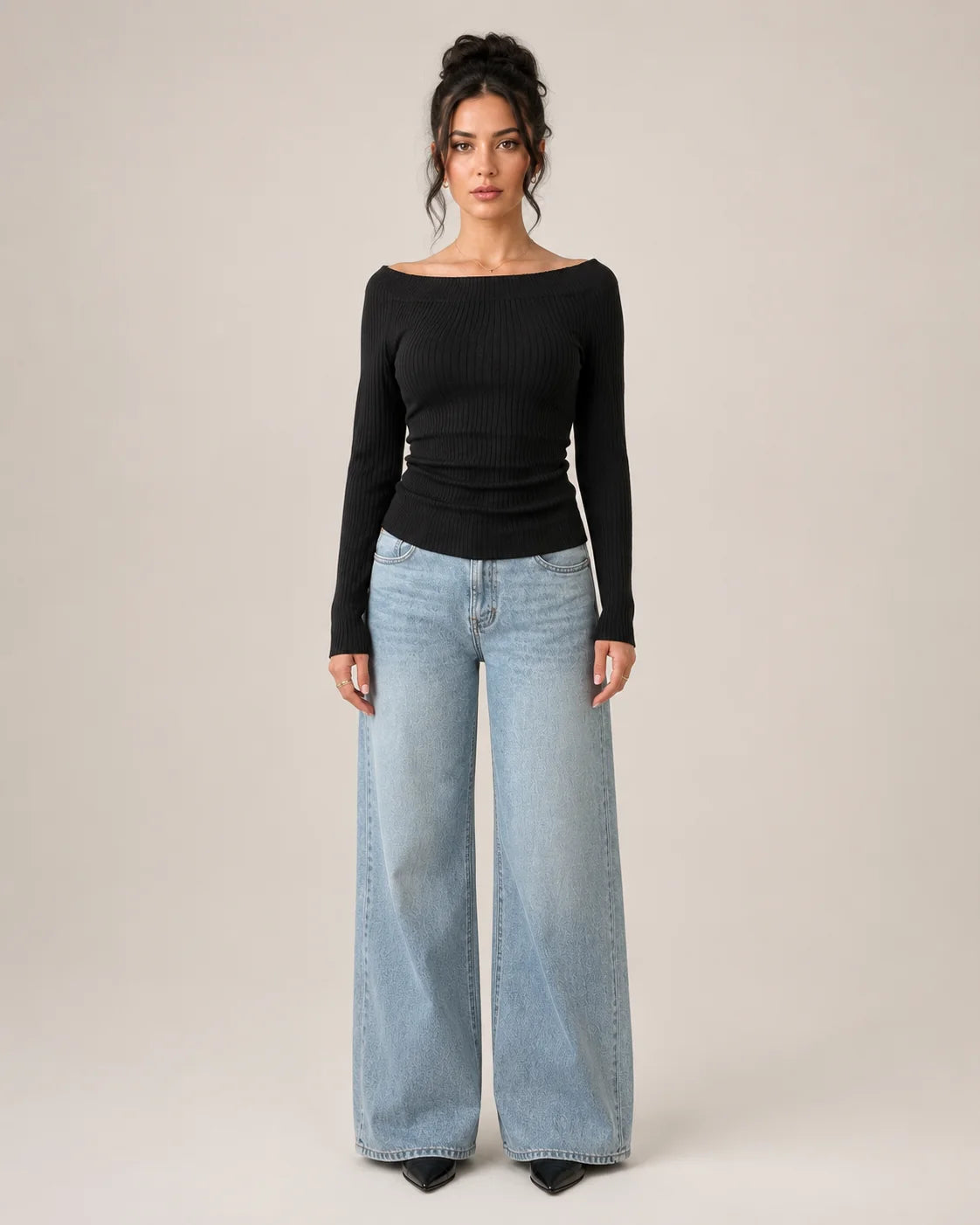 Greer | Women's Long Sleeve Off-Shoulder Ribbed Black Top