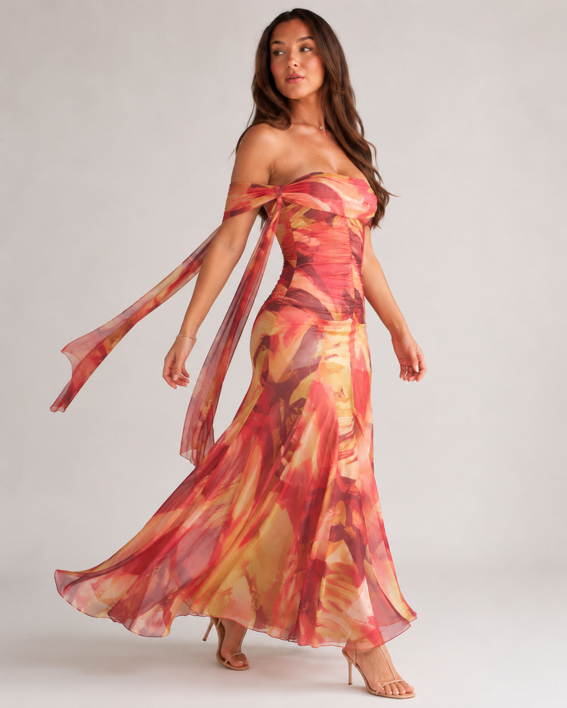Greta | Women's Printed A Line Off Shoulder Flowy Maxi Dress