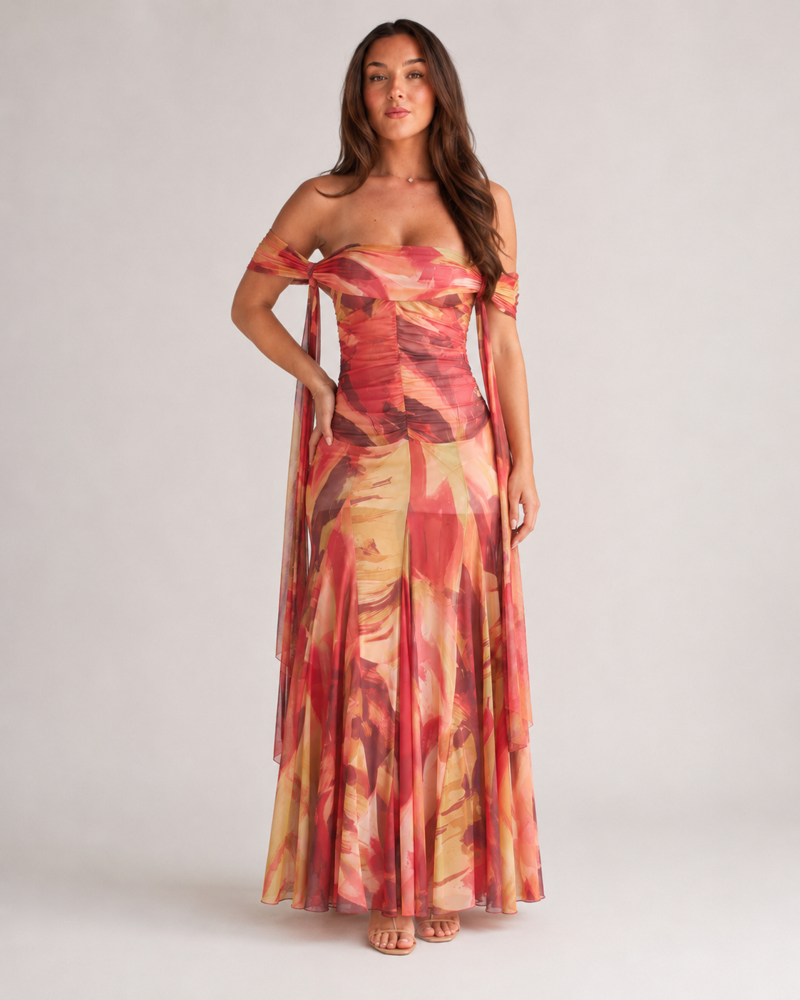 Greta | Women's Printed A Line Off Shoulder Flowy Maxi Dress