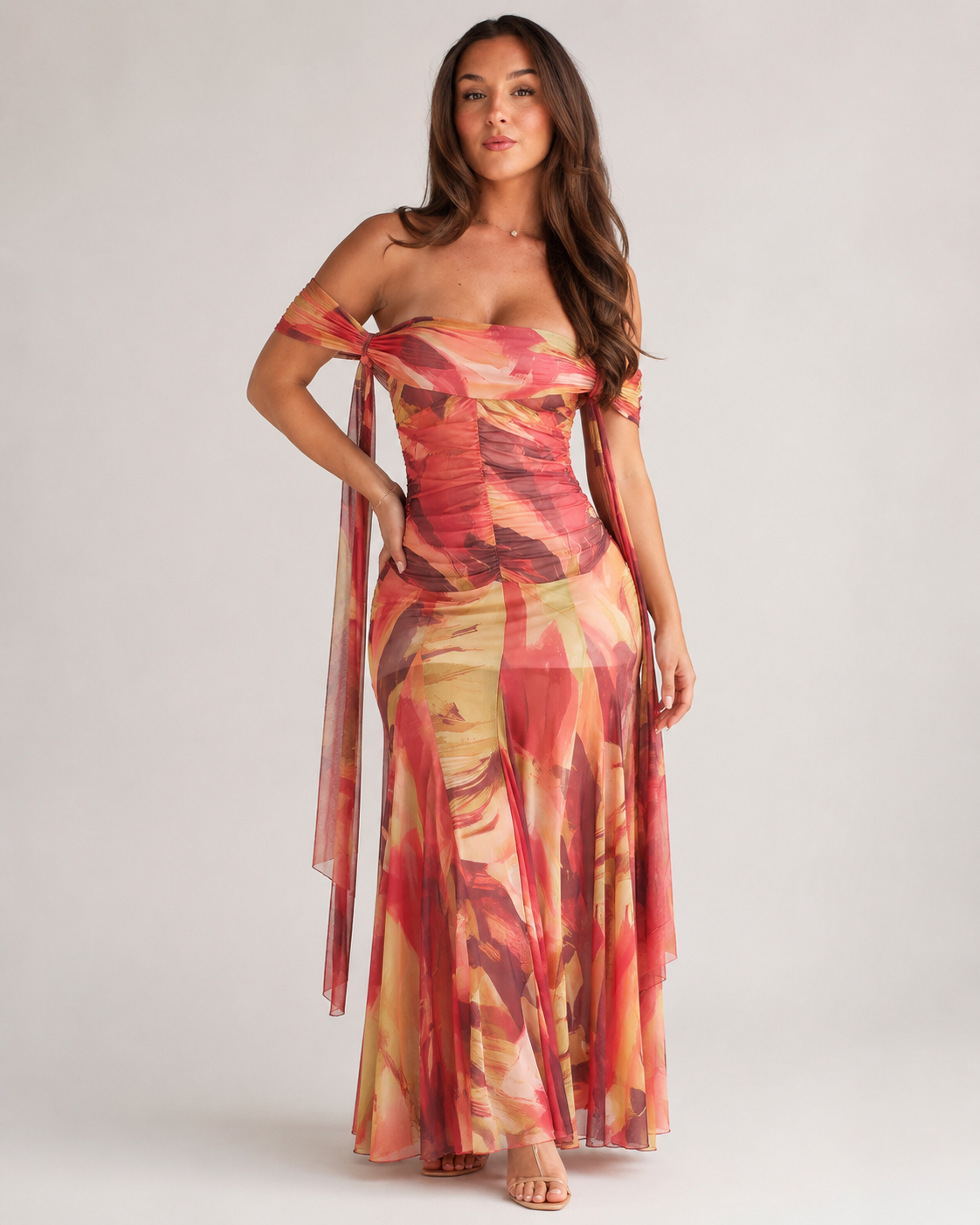 Greta | Women's Printed A Line Off Shoulder Flowy Maxi Dress