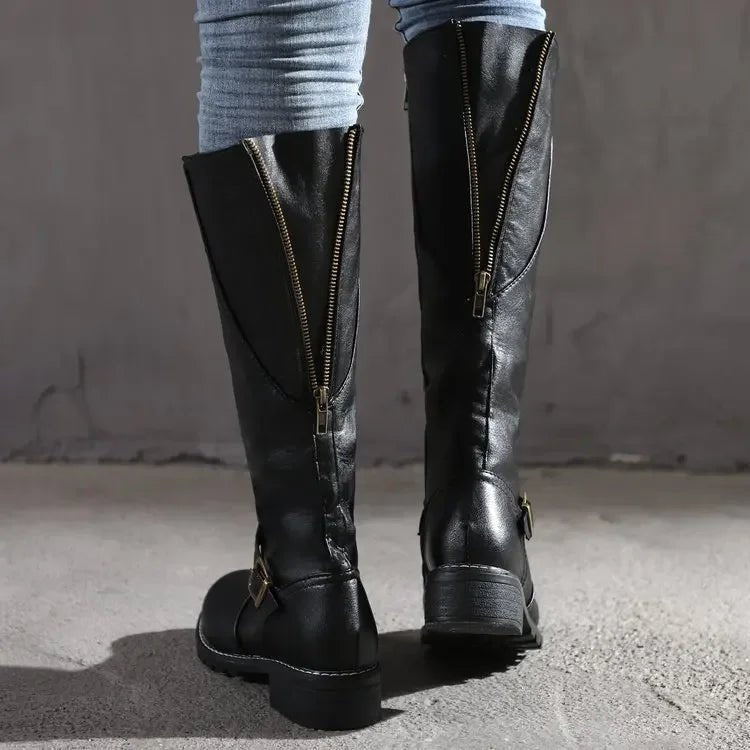 Hillary | Women's Side Zip Buckle Strap Knee-Length Boots
