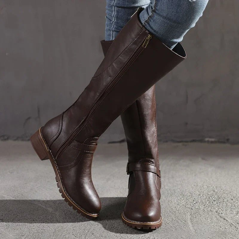 Hillary | Women's Side Zip Buckle Strap Knee-Length Boots