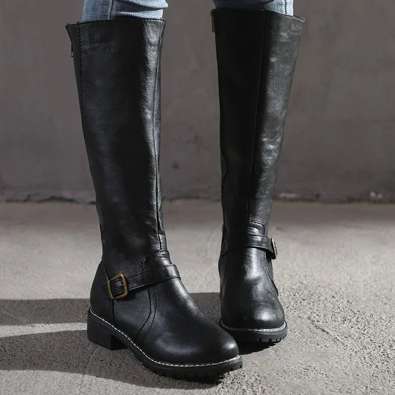 Hillary | Women's Side Zip Buckle Strap Knee-Length Boots