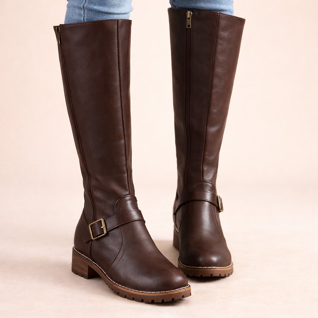 Hillary | Women's Side Zip Buckle Strap Knee-Length Boots
