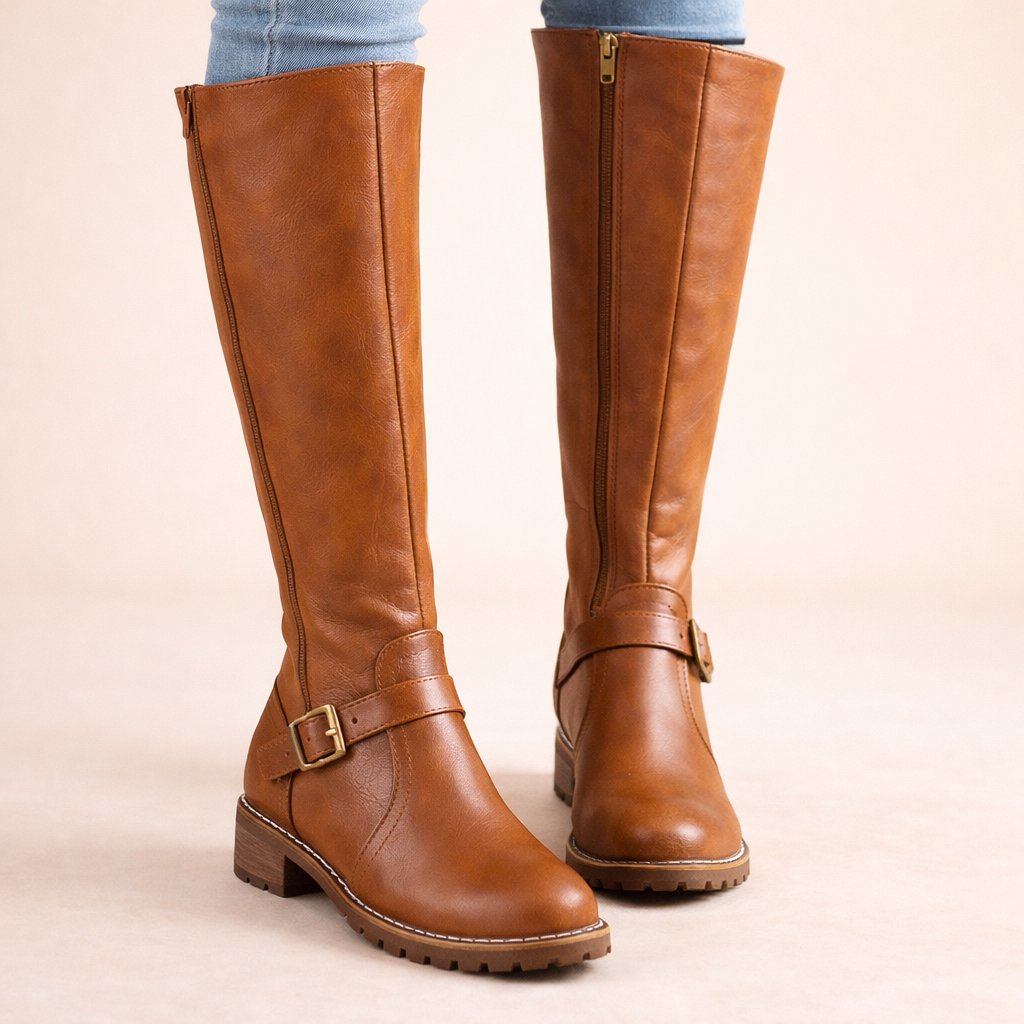 Hillary | Women's Side Zip Buckle Strap Knee-Length Boots