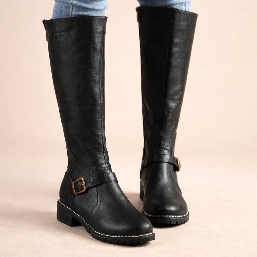 Hillary | Women's Side Zip Buckle Strap Knee-Length Boots