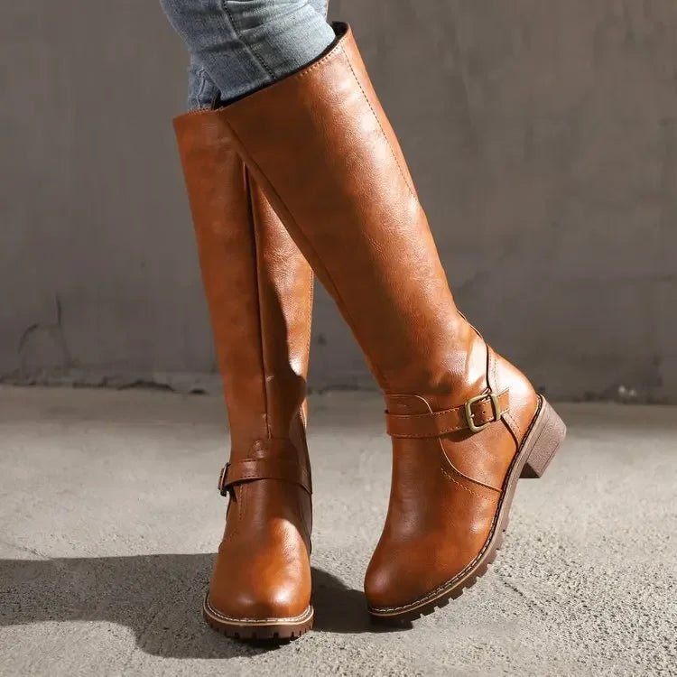 Hillary | Women's Side Zip Buckle Strap Knee-Length Boots