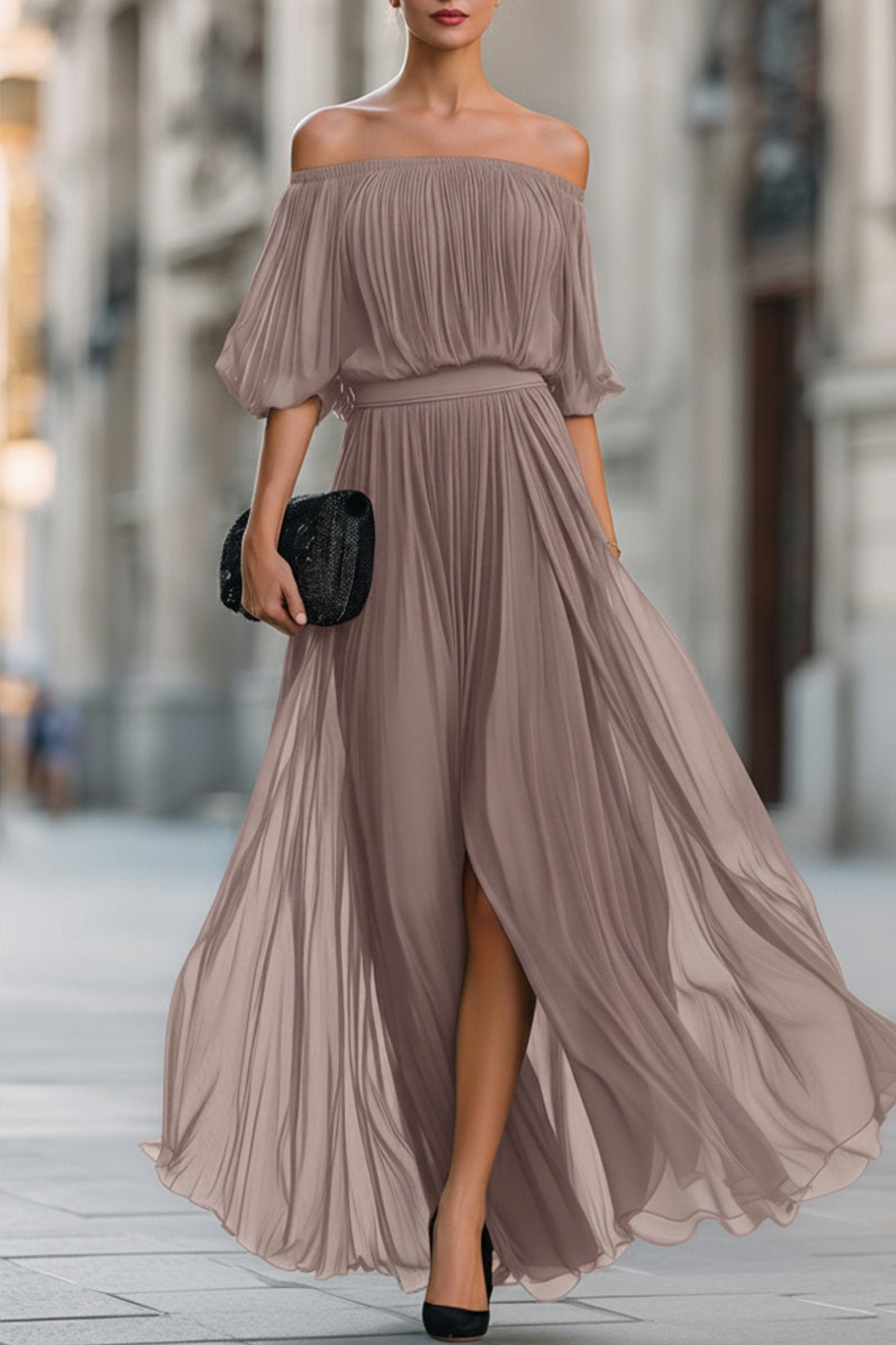 Hunter | Women's Off-Shoulder Pleated Flowy Wedding Guest Dress