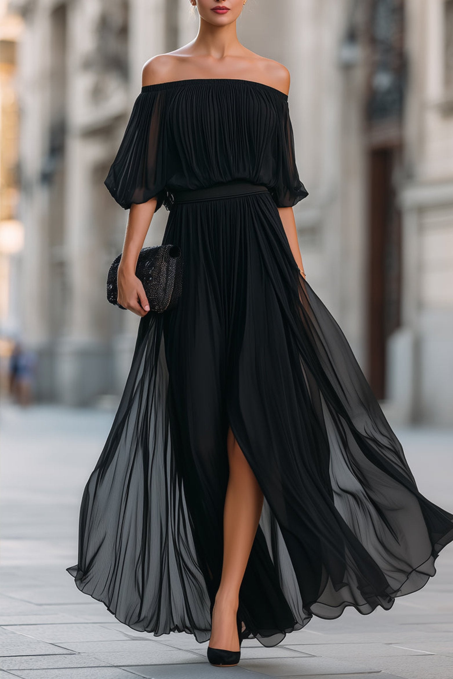 Hunter | Women's Off-Shoulder Pleated Flowy Wedding Guest Dress