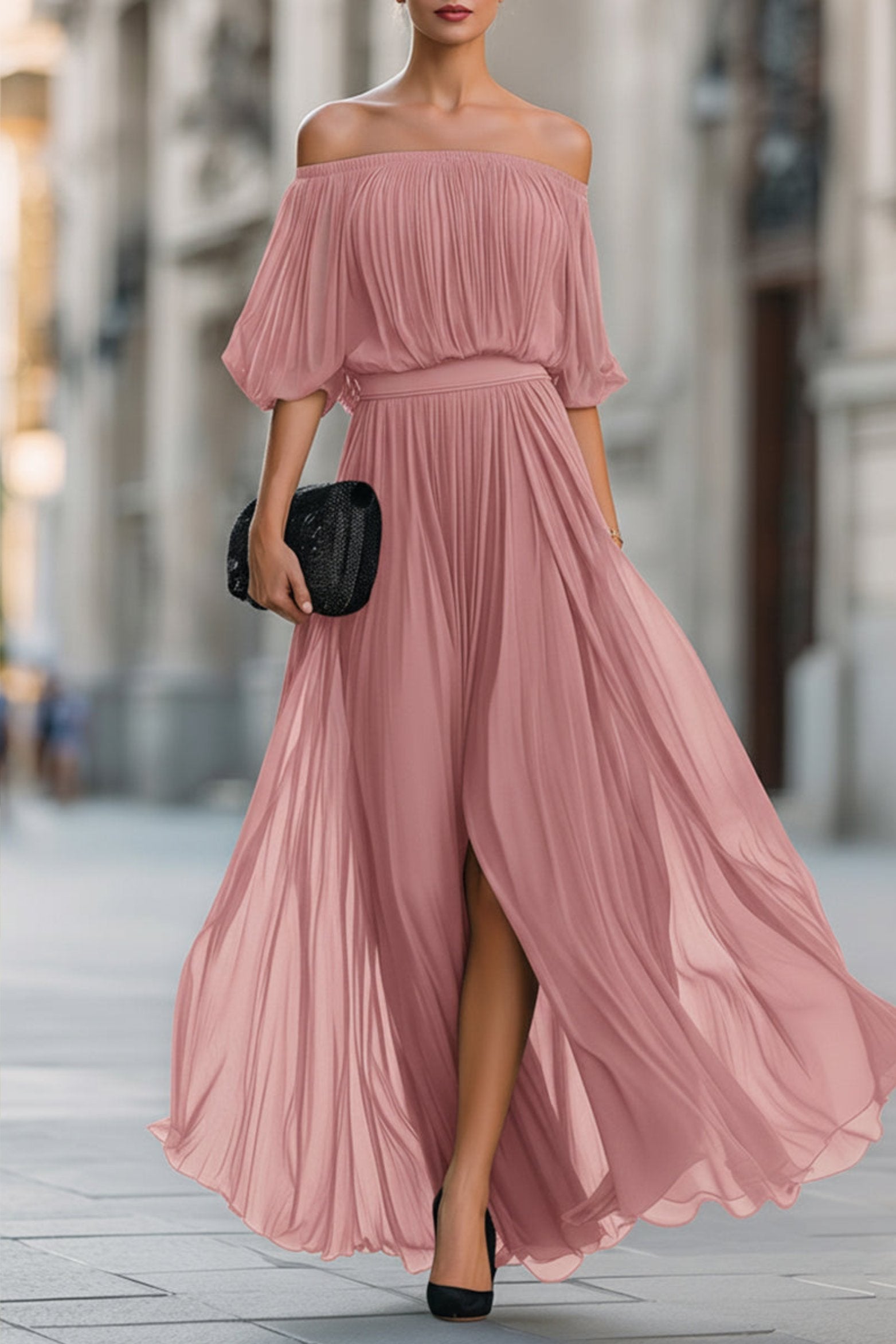 Hunter | Women's Off-Shoulder Pleated Flowy Wedding Guest Dress