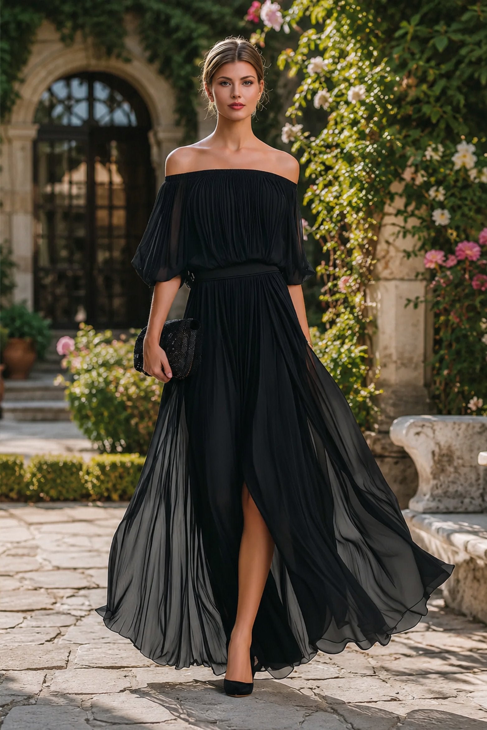 Hunter | Women's Off-Shoulder Pleated Flowy Wedding Guest Dress