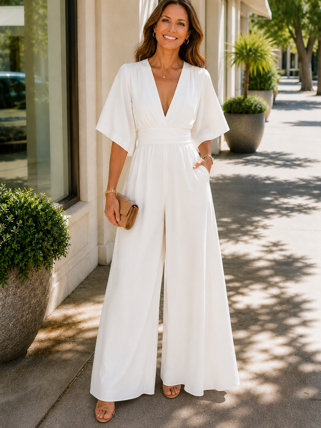 Jamie | Women's V-Neck High Waist Flowy Jumpsuit