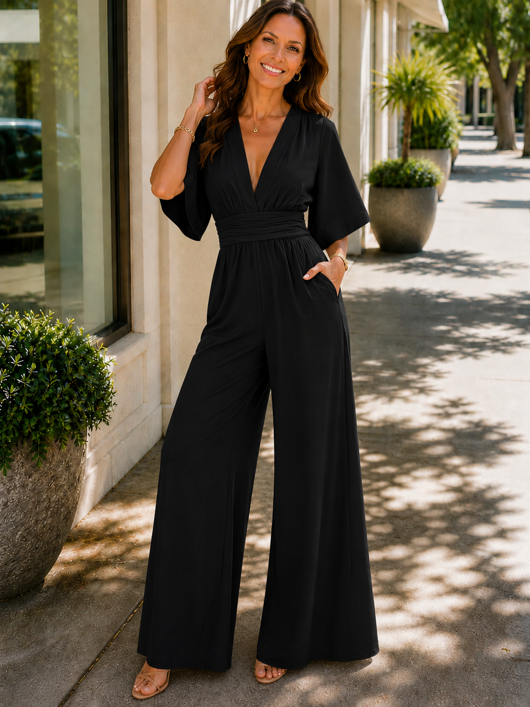 Jamie | Women's V-Neck High Waist Flowy Jumpsuit