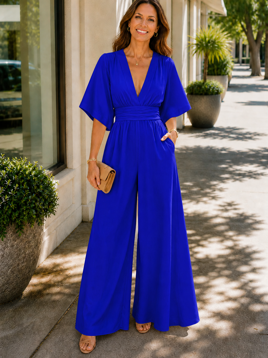 Jamie | Women's V-Neck High Waist Flowy Jumpsuit