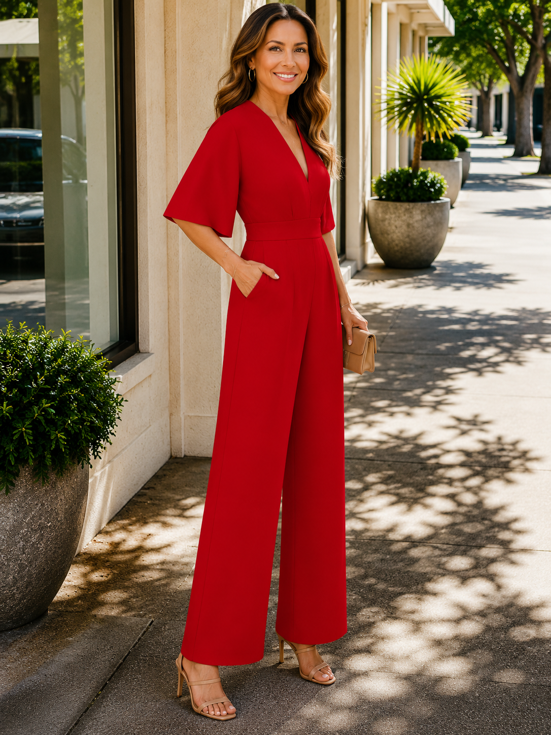 Jamie | Women's V-Neck High Waist Flowy Jumpsuit