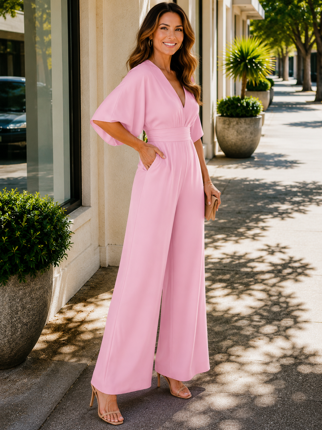 Jamie | Women's V-Neck High Waist Flowy Jumpsuit