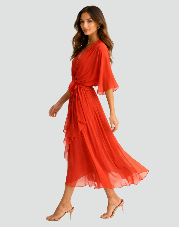 Janette | Women's Tie Waist V Neck Wedding Guest Dress