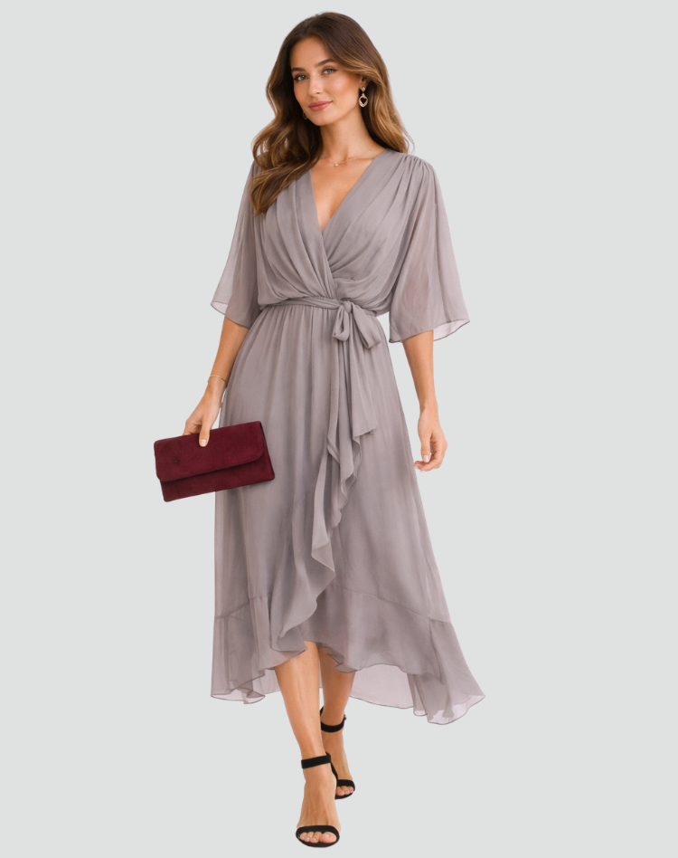 Janette | Women's Tie Waist V Neck Wedding Guest Dress