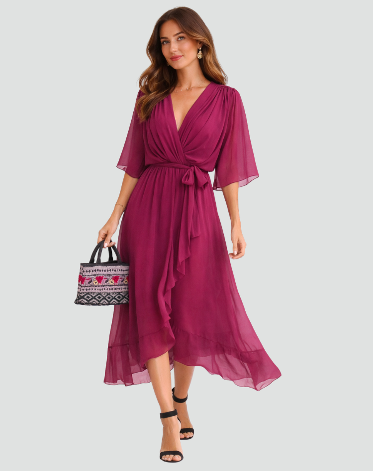 Janette | Women's Tie Waist V Neck Wedding Guest Dress