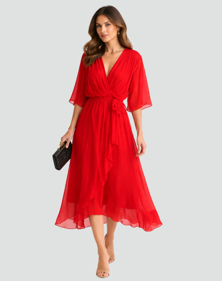 Janette | Women's Tie Waist V Neck Wedding Guest Dress
