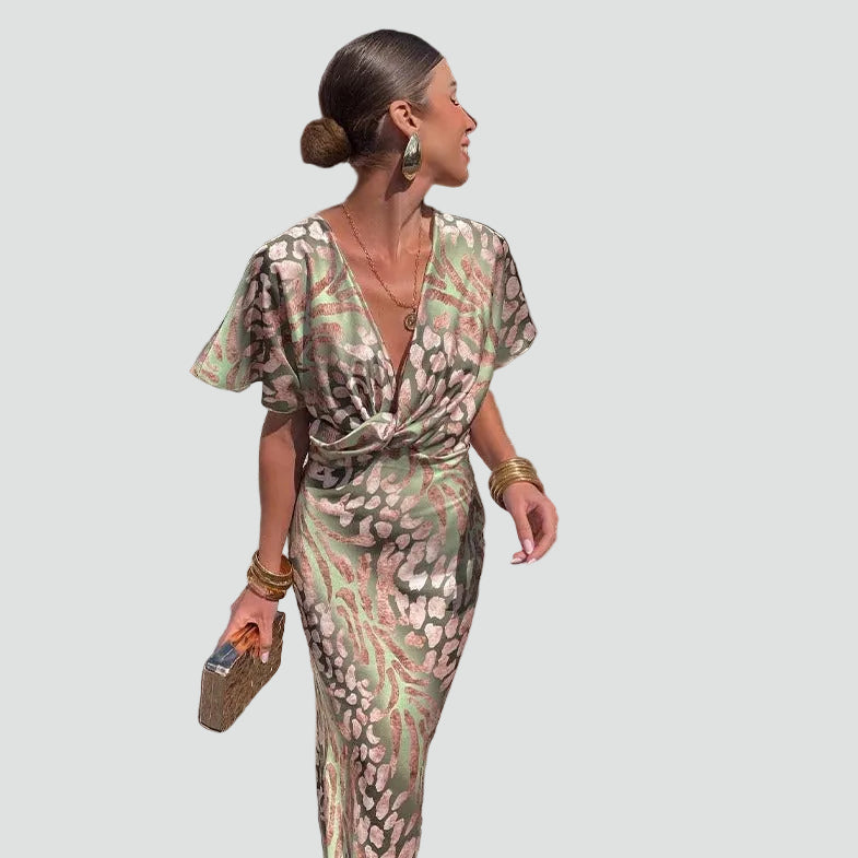 Janice | Women's V Neck Patterned V Neck Wedding Guest Dress