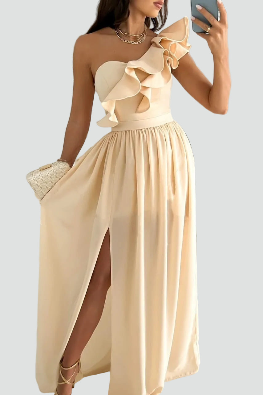 Jeanette | Women's One Shoulder High Slit Ruffle Maxi Dress