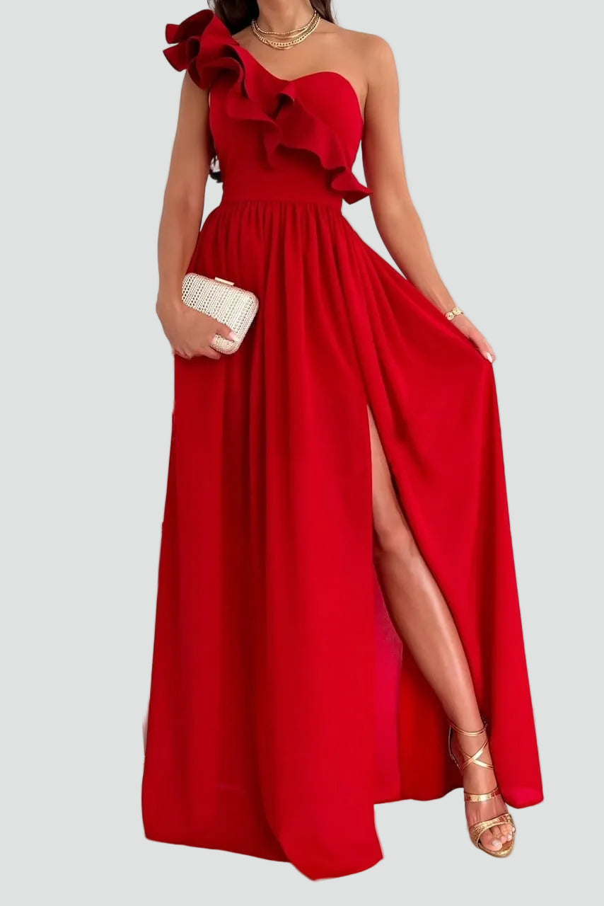 Jeanette | Women's One Shoulder High Slit Ruffle Maxi Dress