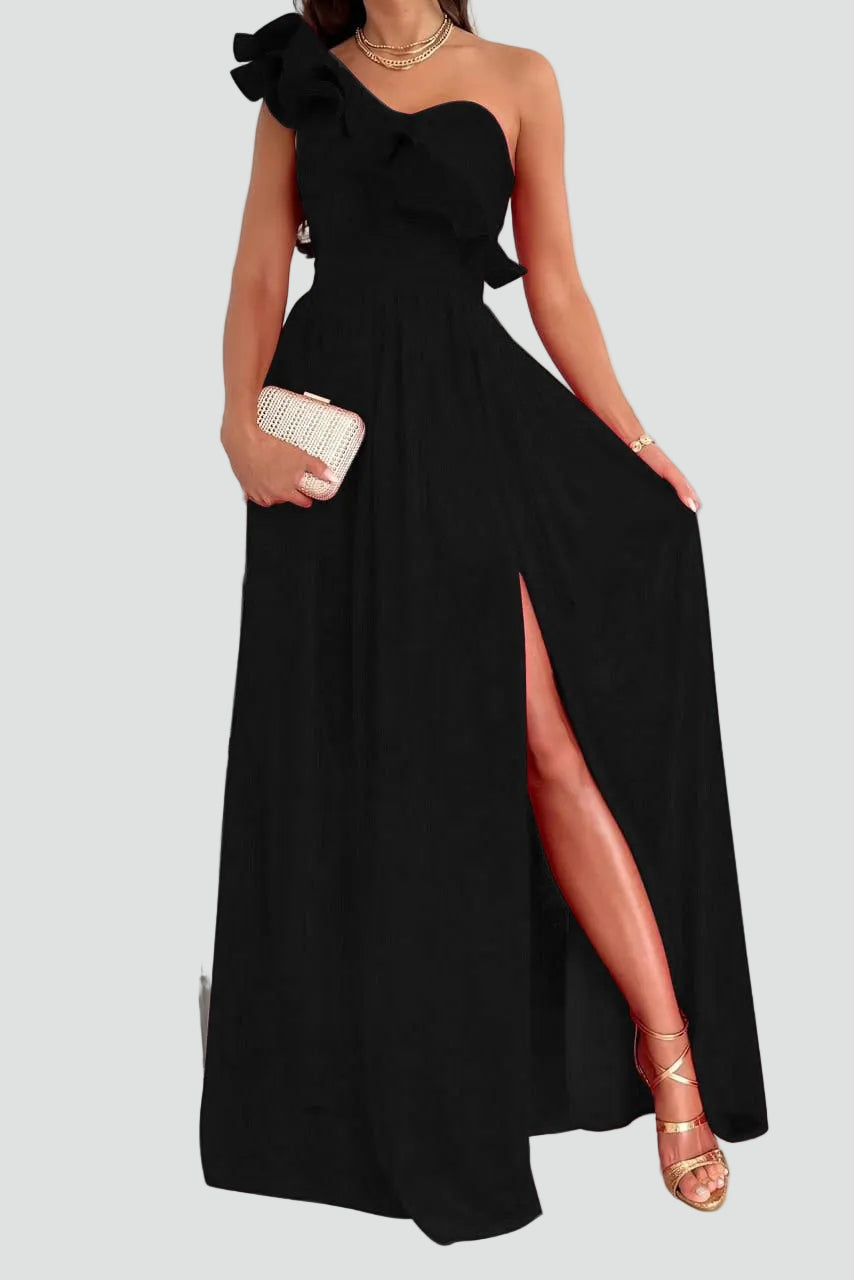 Jeanette | Women's One Shoulder High Slit Ruffle Maxi Dress