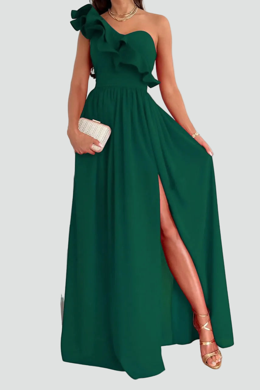Jeanette | Women's One Shoulder High Slit Ruffle Maxi Dress
