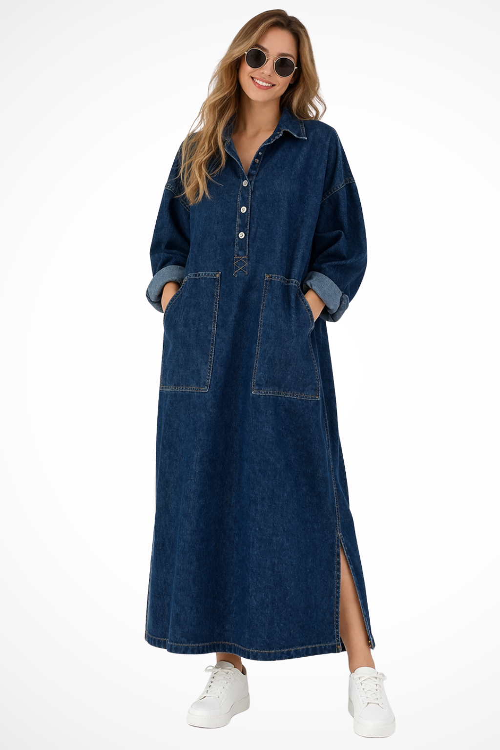 Joanna | Women's Collared Button Front Denim Maxi Dress