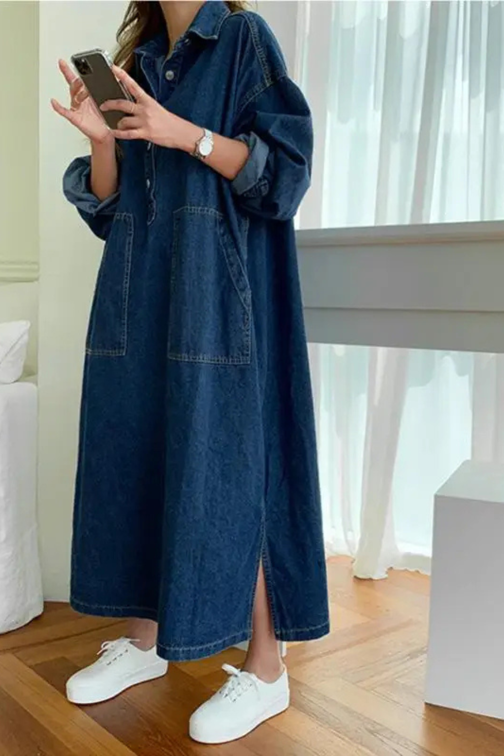 Joanna | Women's Collared Button Front Denim Maxi Dress
